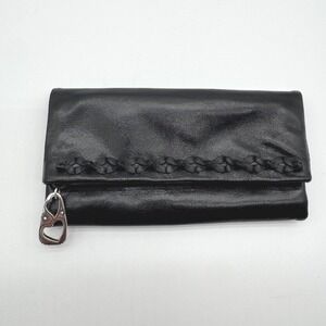 Brighton Black Leather Trifold Wallet Clutch with Heart Charm Floral Detail